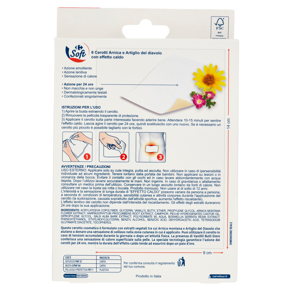 Carrefour Soft Cerotti Arnica Azione Emolliente e Lenitiva con Effetto Caldo Formato 14 x 9 cm 6 pz