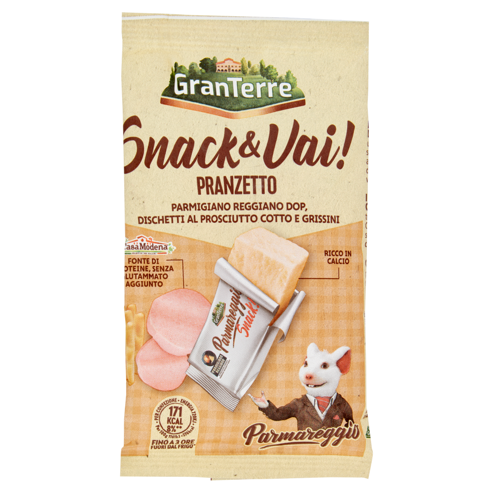 Parmareggio Snack & Vai! Pranzetto Parmigiano Reggiano DOP, Dischetti Prosciutto Cotto, Grissini 62g