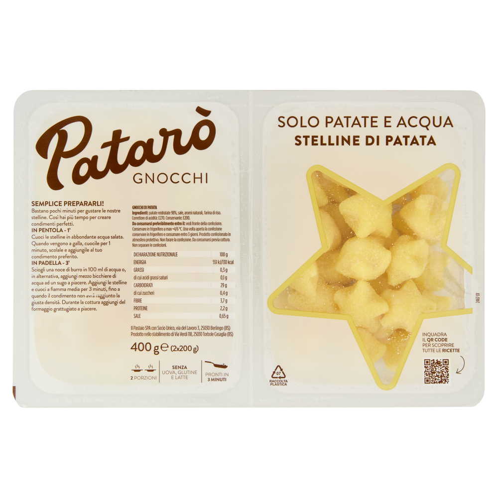 Patar&ograve; Gnocchi Solo Patate e Acqua Stelline di Patate 2 x 200 g