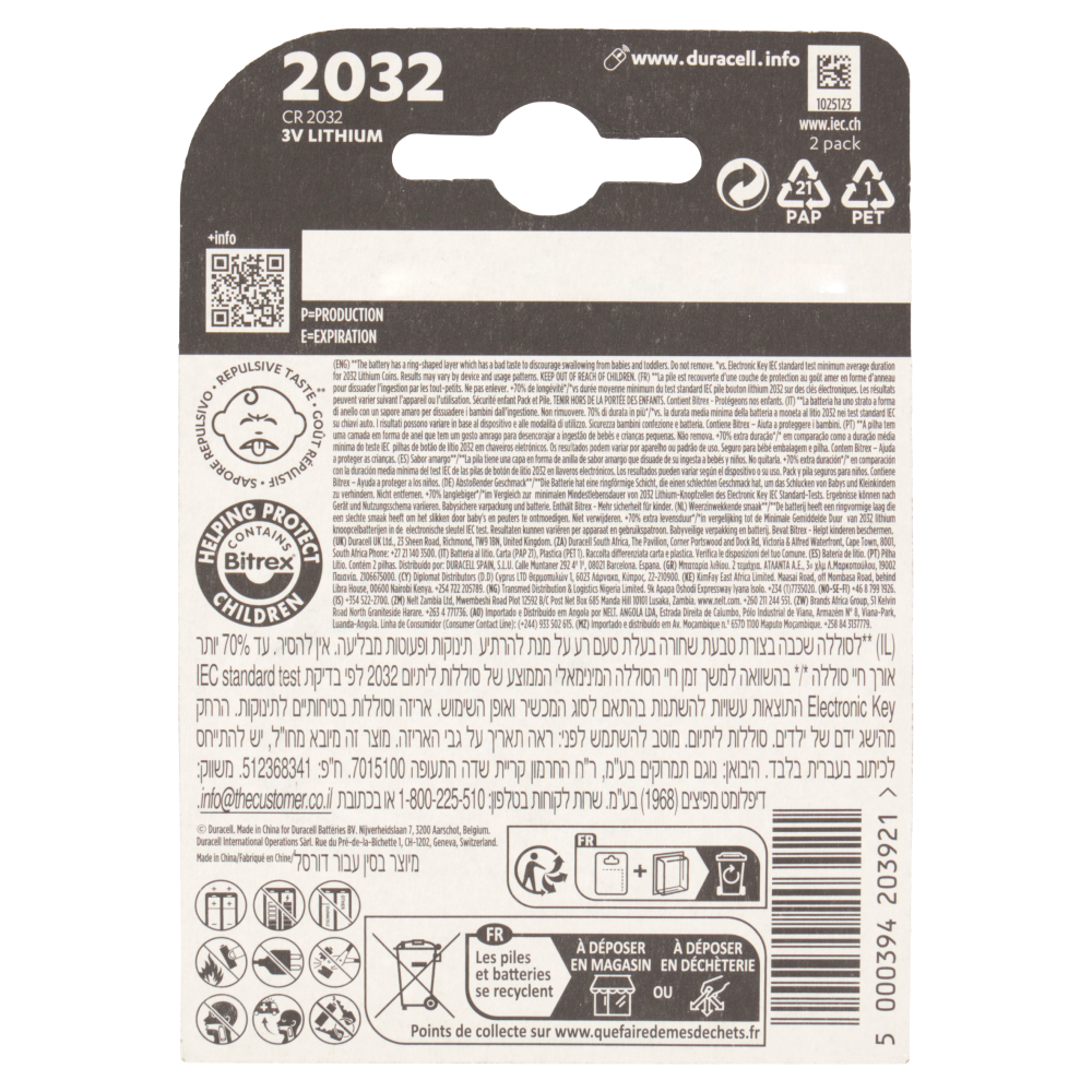 Duracell 2032 Batteria Bottone al Litio Specialistica 3V pacco da 2 pile con Tecnologia Baby Secure
