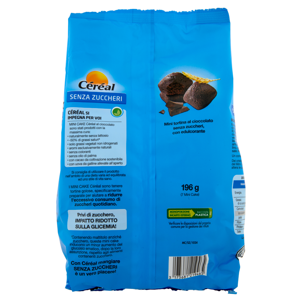 Céréal, Mini Cake gusto Cioccolato, Senza Zuccheri, Senza Lattosio, Senza Olio di Palma - 7x28 g
