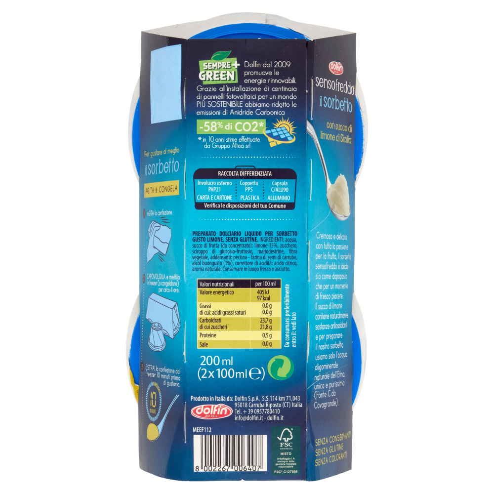 dolfin sensofreddo il sorbetto con succo di limone di Sicilia 2 x 100 ml