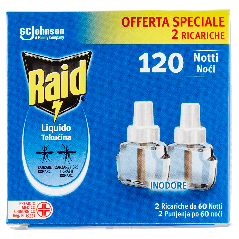 Raid Liquido Elettrico Ricarica 60 Notti, Inodore, 2 x 36 ml
