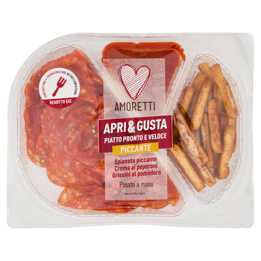 Amoretti Apri & Gusta Piccante Spianata piccante, Crema ai peperoni, Grissini al pomodoro 130 g