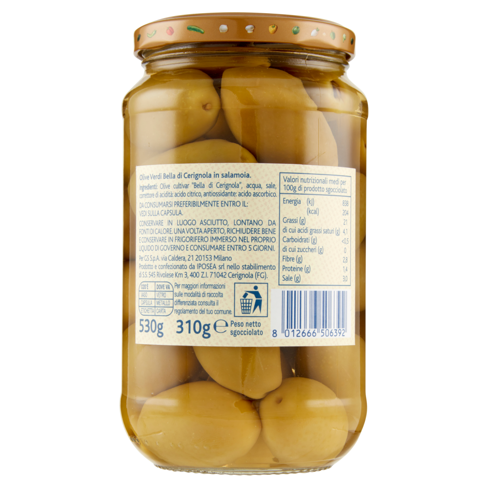 Terre d'Italia Olive verdi in salamoia cultivar Bella di Cerignola 530 g