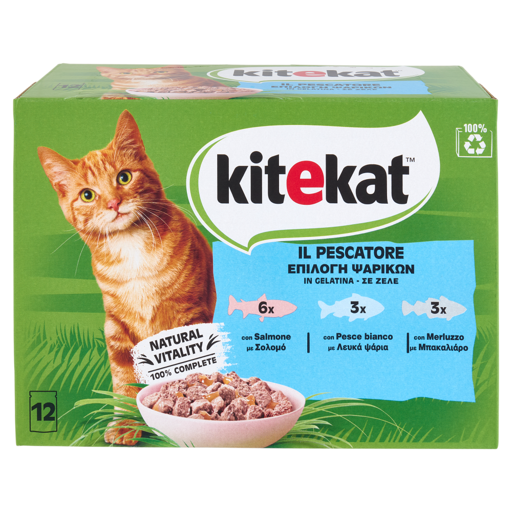 Kitekat Pescatore Cibo Umido Gatto in Gelatina con Salmone, con Pesce bianco, con Merluzzo 12 x 85 g