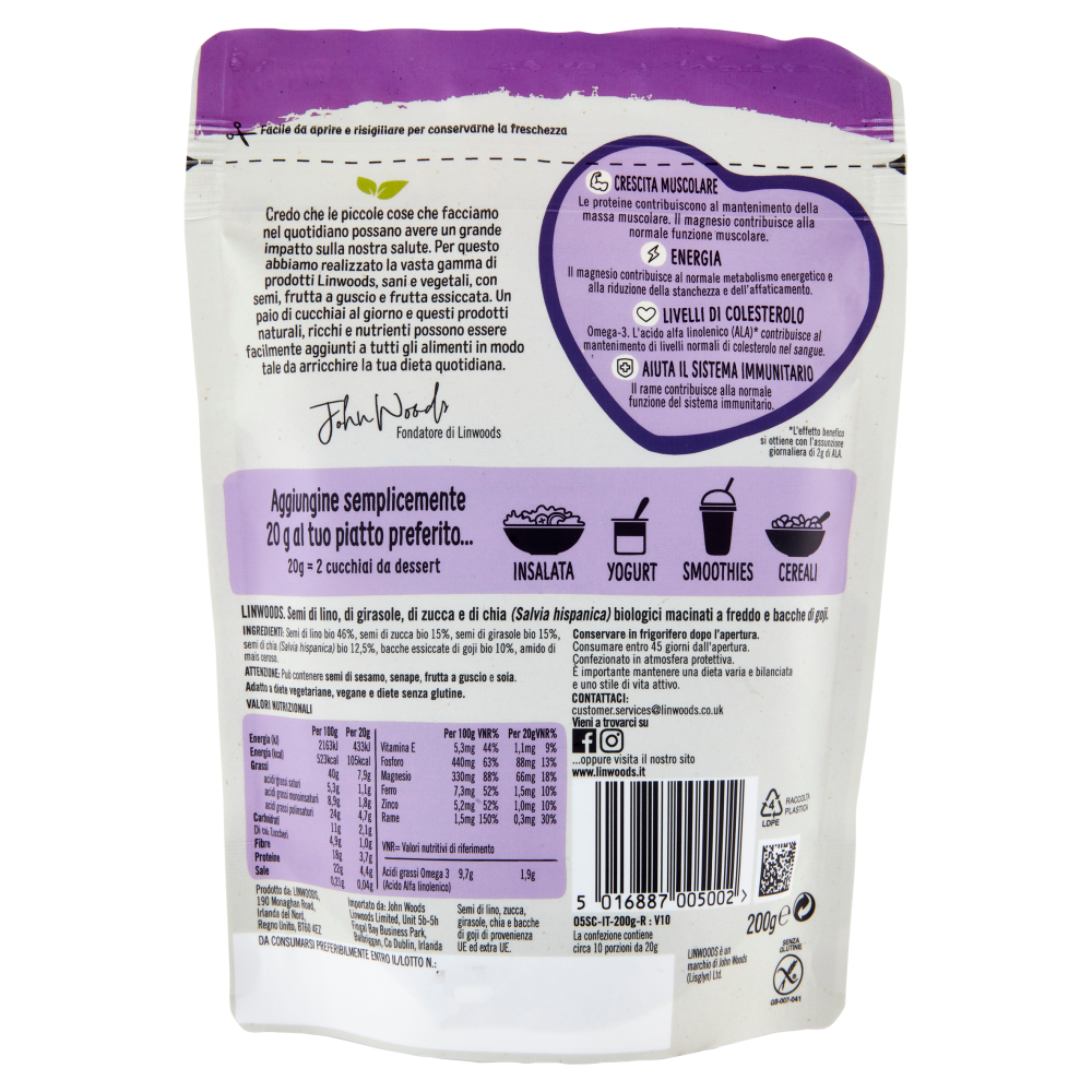 Linwoods Semi di lino, di zucca, di girasole, di chia e bacche di goji Macinati a Freddo Bio 200 g