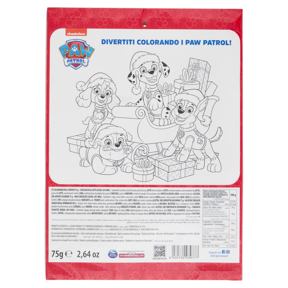 Dolci Preziosi Calendario dell'Avvento Cioccolato al Latte Paw Patrol 75 g