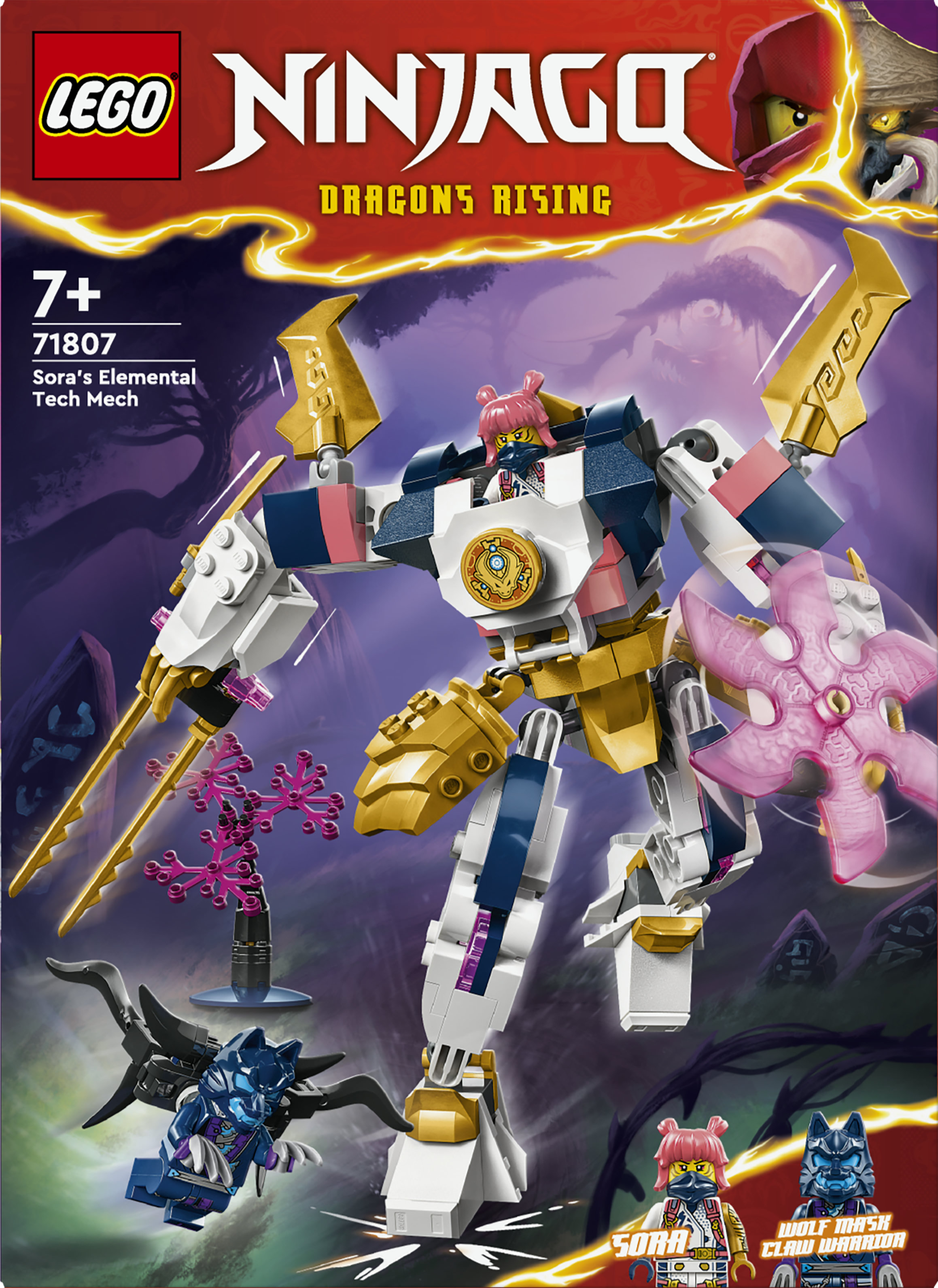 LEGO NINJAGO 71807 Mech Elemento Tech di Sora, Giochi per Bambini 7+ Anni, Action Figure Snodabile e 2 Minifigure, Regalo Ninja
