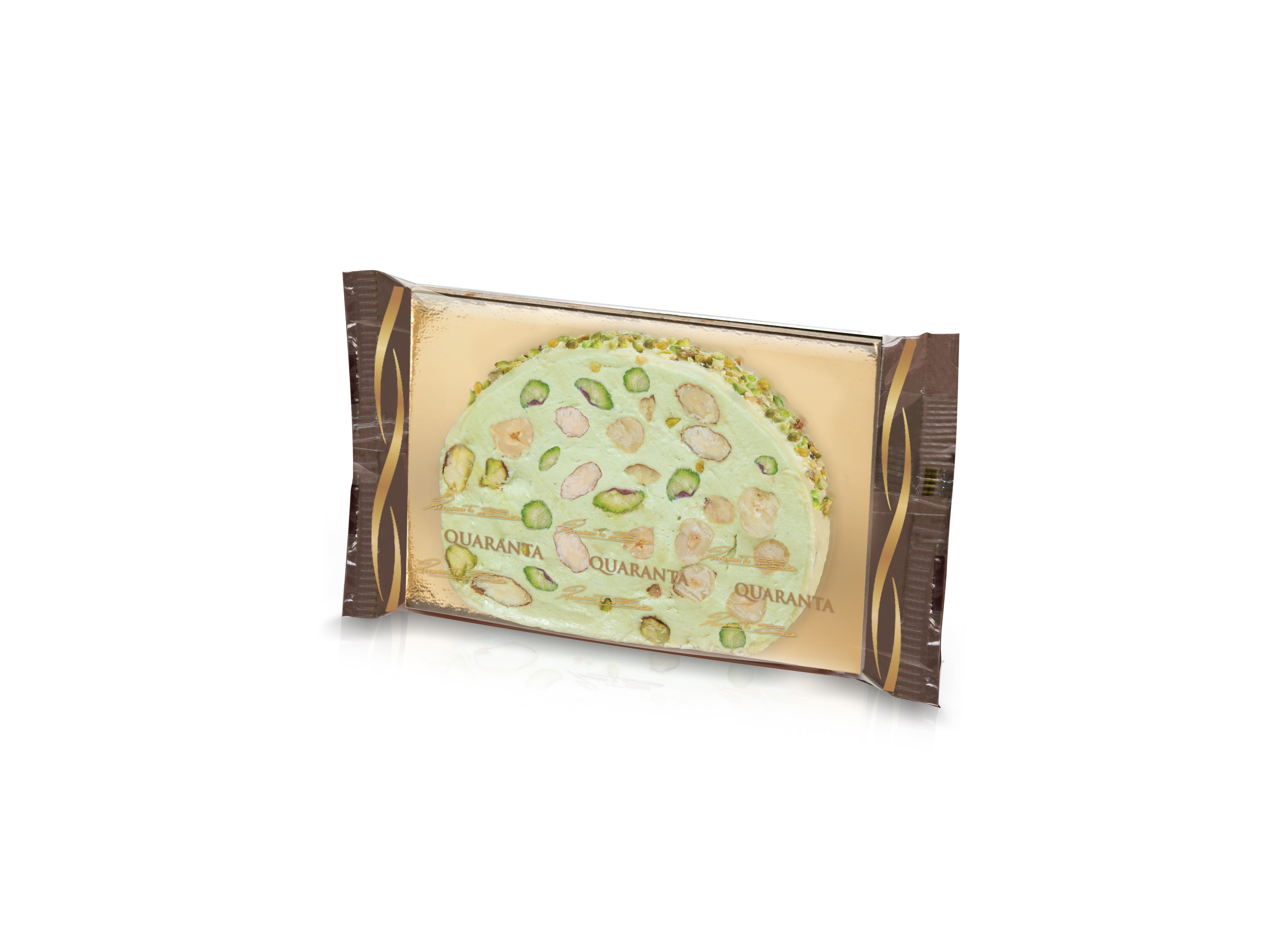 Fetta di torrone tenero al cioccolato bianco e pistacchio