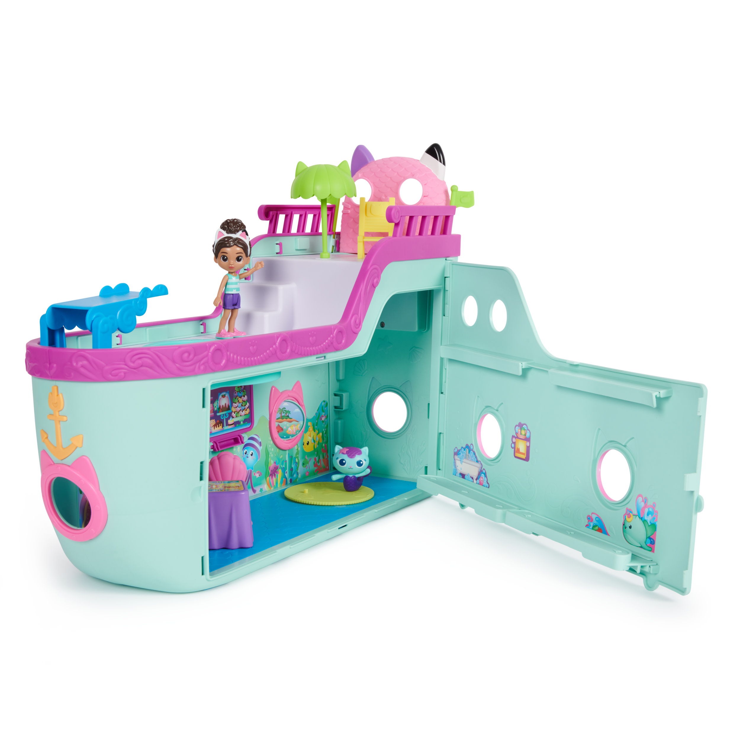 Gabby's Dollhouse , Crociera dei gatti di Gabby, nave da crociera giocattolo con 2 personaggi, giocattoli a sorpresa e accessori per la casa delle bambole, giocattoli per bambine e bambini dai 3 anni in su