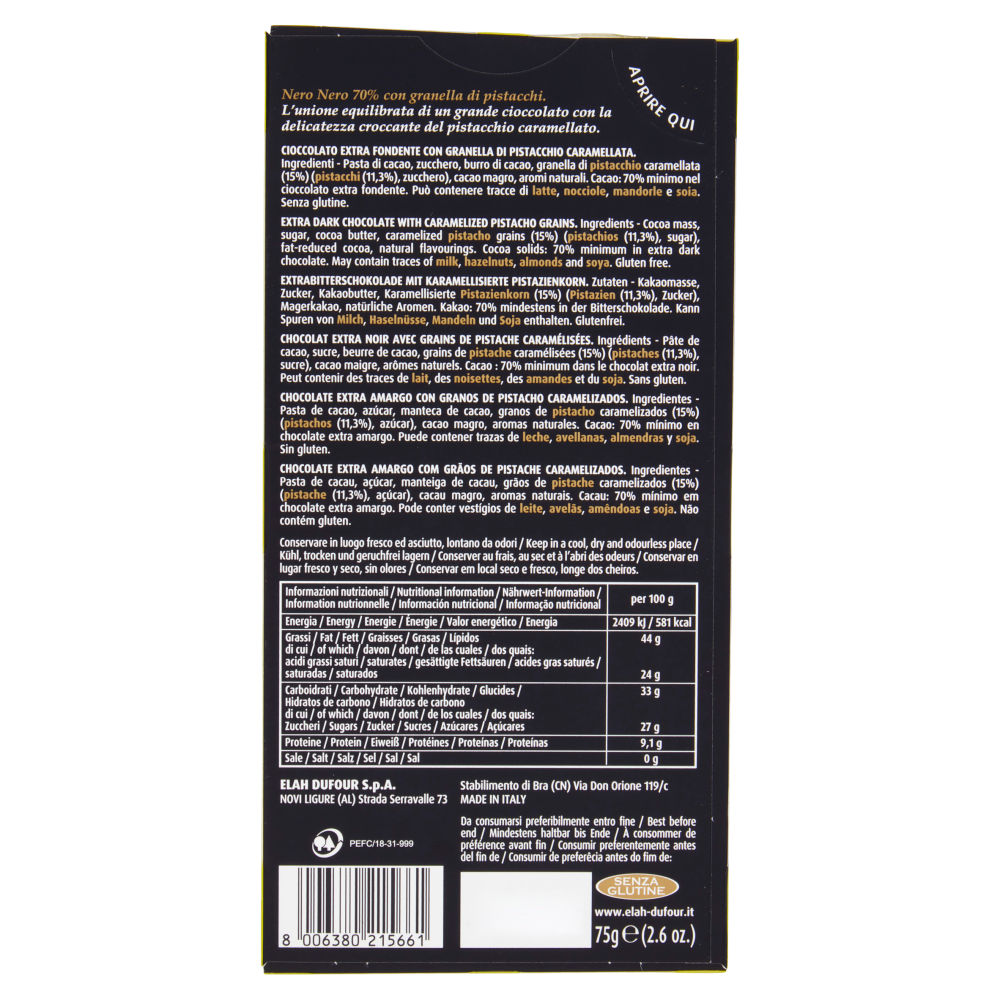 Novi NeroNero 70% Cacao Pistacchio 75 g