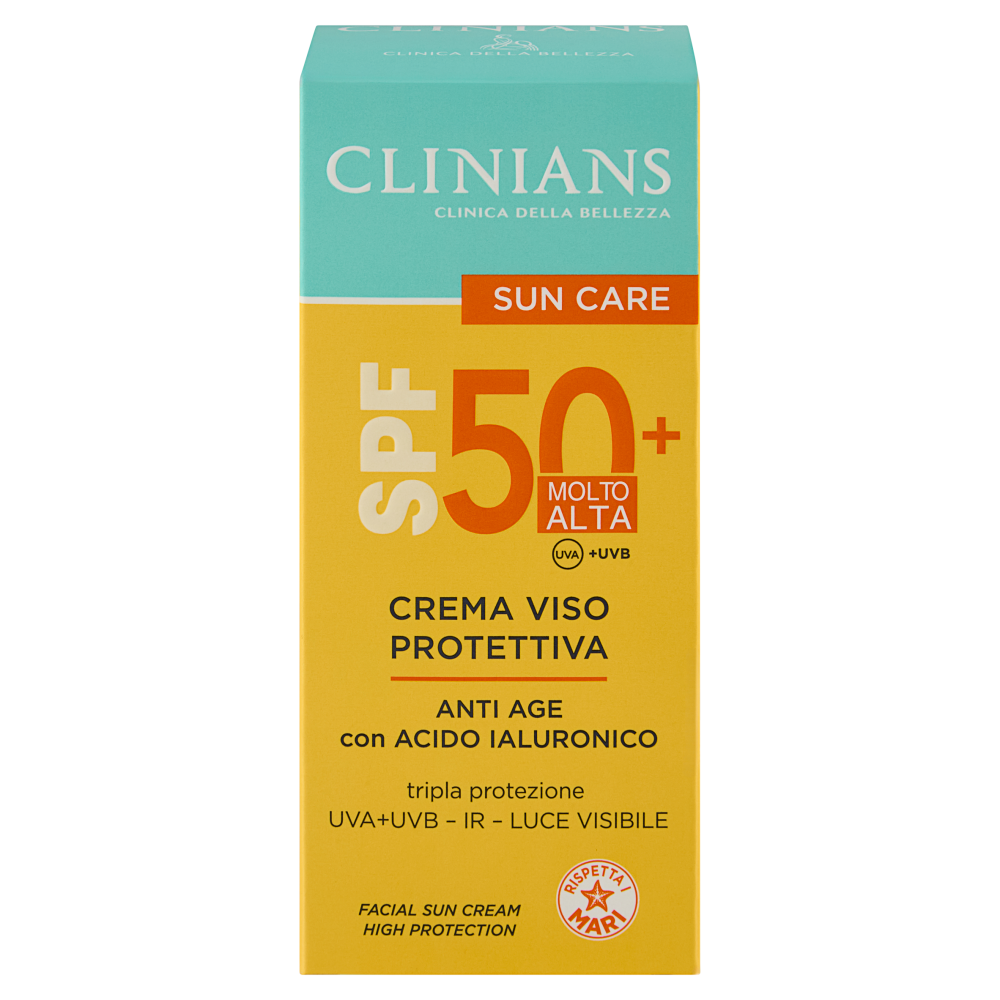 Clinians Sun Care Crema Viso Protettiva Anti Age con Acido Ialuronico SPF 50 Molto Alta 50 mL