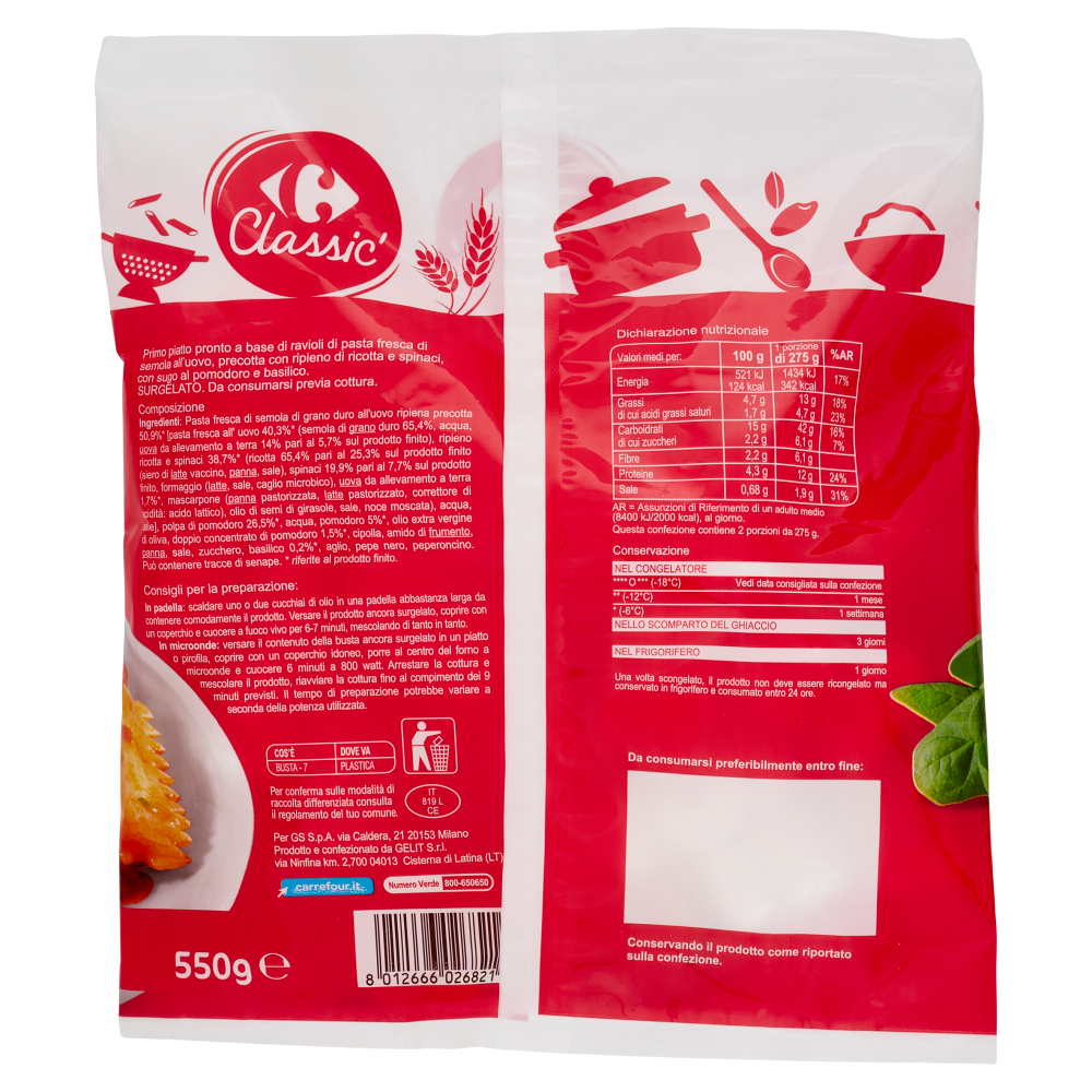 Carrefour Classic Ravioli Ricotta e Spinaci* 550 g