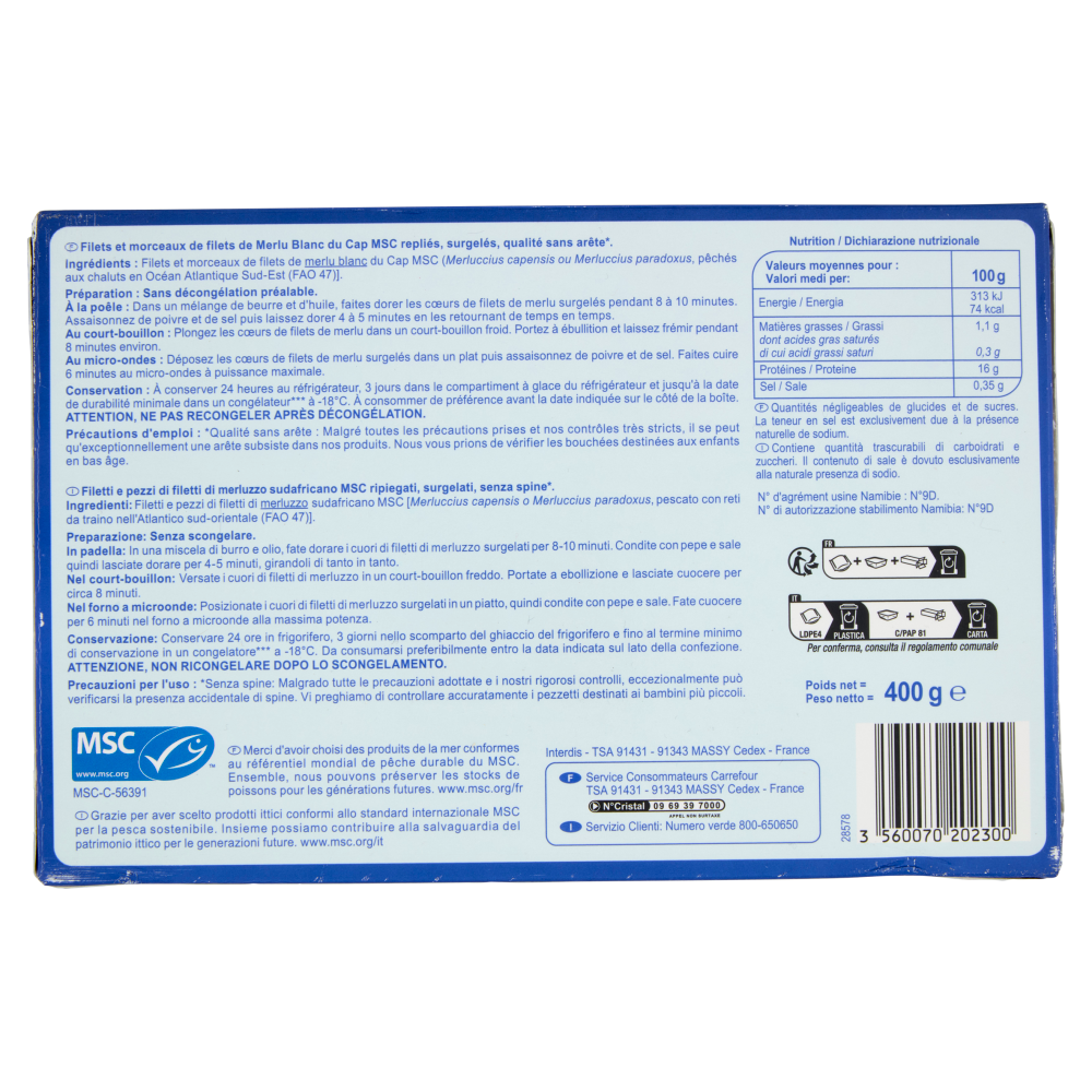 Carrefour Extra 5 Cuori Merluzzo Sudafricano Senza Spine* Surgelato 400 g