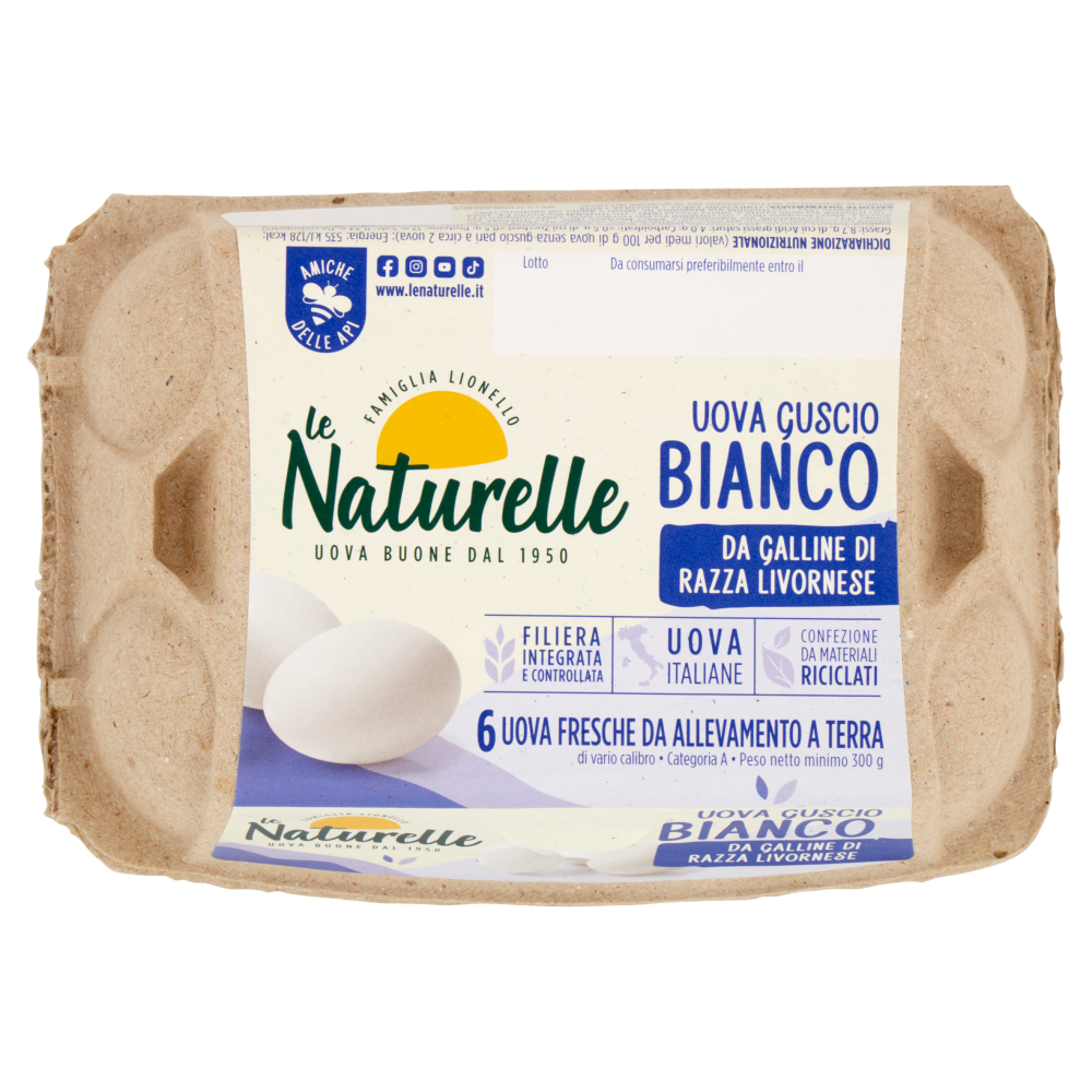 le Naturelle Uova Guscio Bianco 6 Uova Fresche da Allevamento a Terra 300 g