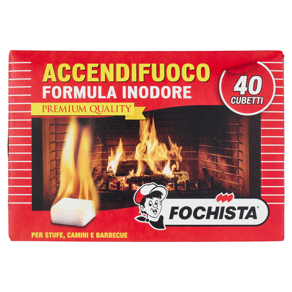 Fochista Accendifuoco Formula Inodore Premium Quality per Stufe, Camini e Barbecue Cubetti 40 pz
