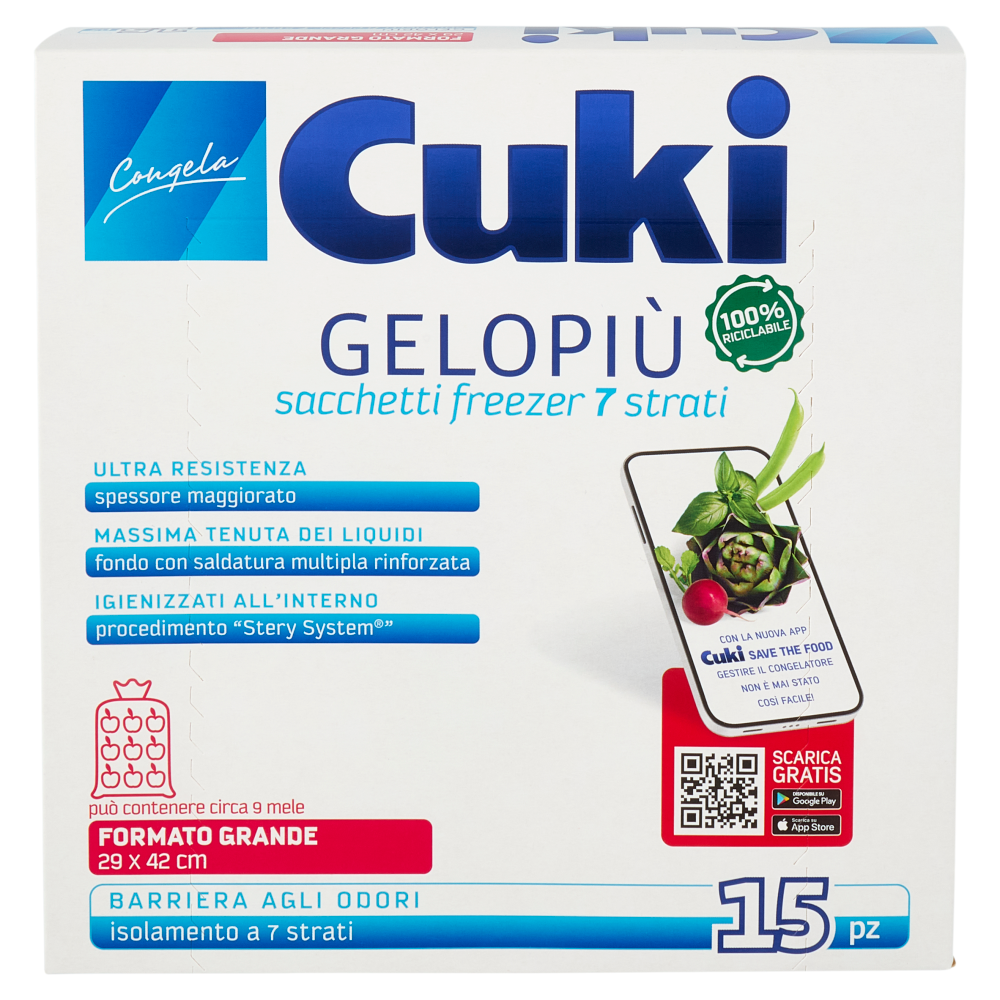 Cuki Congela Gelopiù sacchetti freezer 7 strati Formato Grande 29 x 42 cm 15 pz