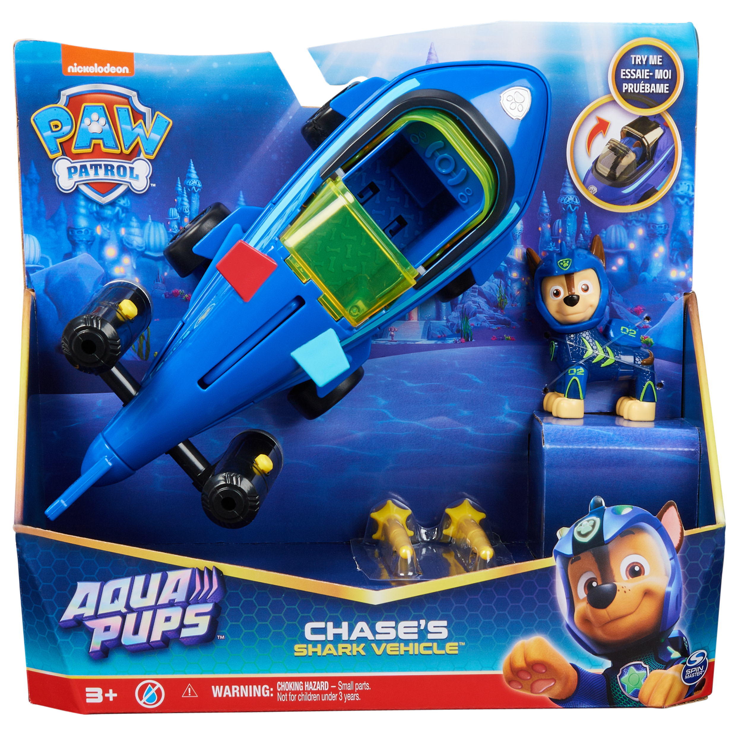 PAW Patrol Aqua Pups, Shark Vehicle trasformabile di Chase con action figure da collezione, giocattoli per bambini dai 3 anni in su