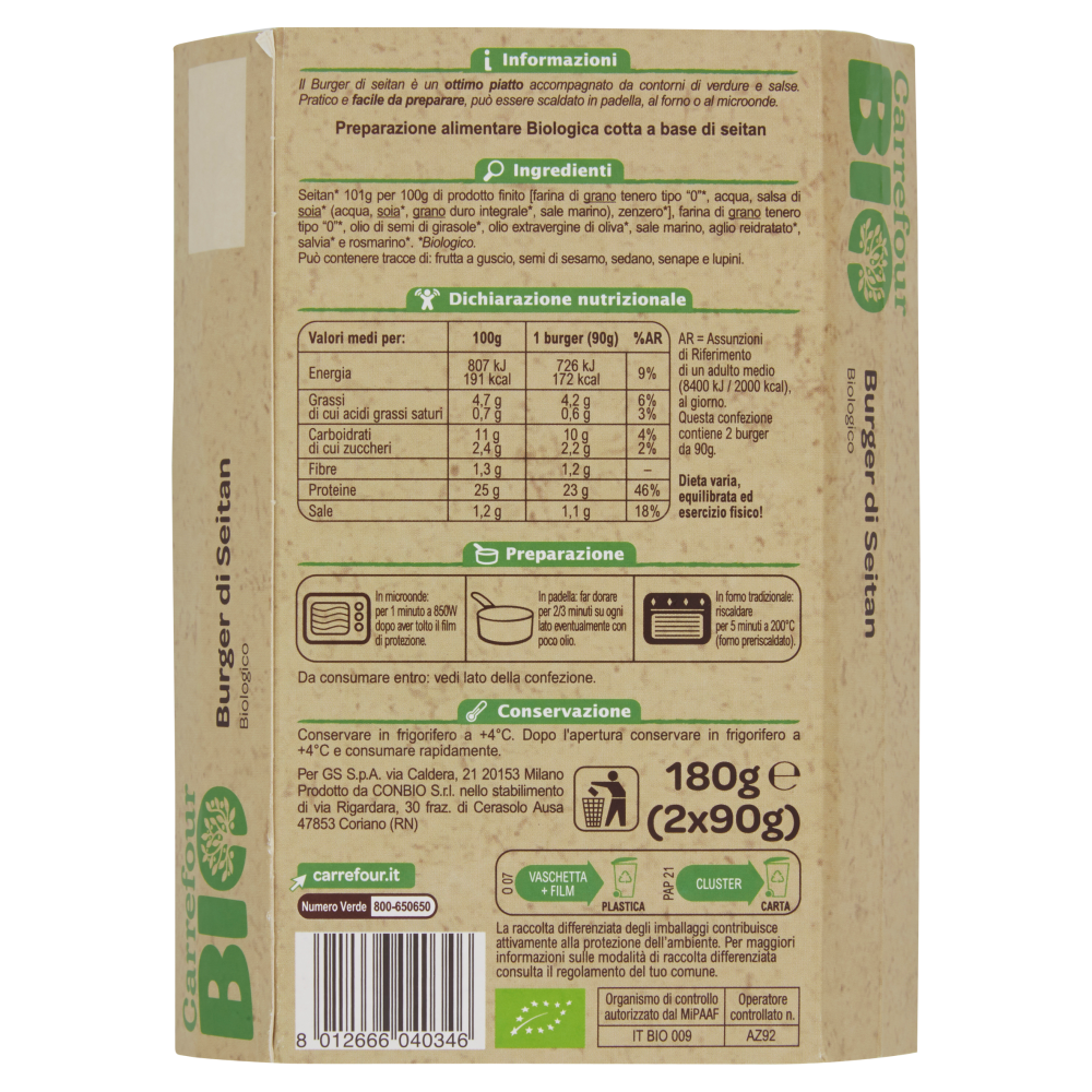 Carrefour Bio Burger di Seitan Biologico 2 x 90 g Carrefour