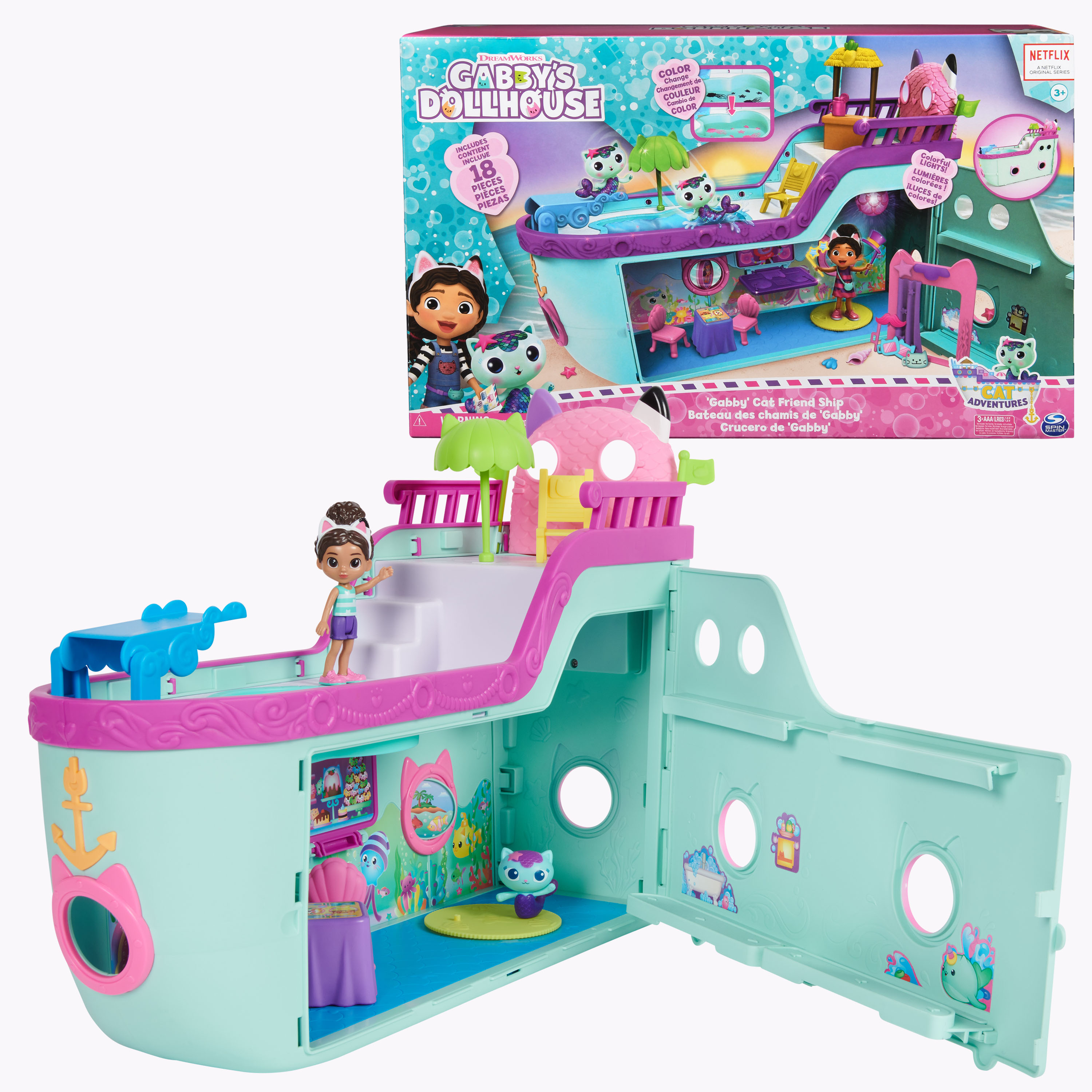 Gabby's Dollhouse , Crociera dei gatti di Gabby, nave da crociera giocattolo con 2 personaggi, giocattoli a sorpresa e accessori per la casa delle bambole, giocattoli per bambine e bambini dai 3 anni in su