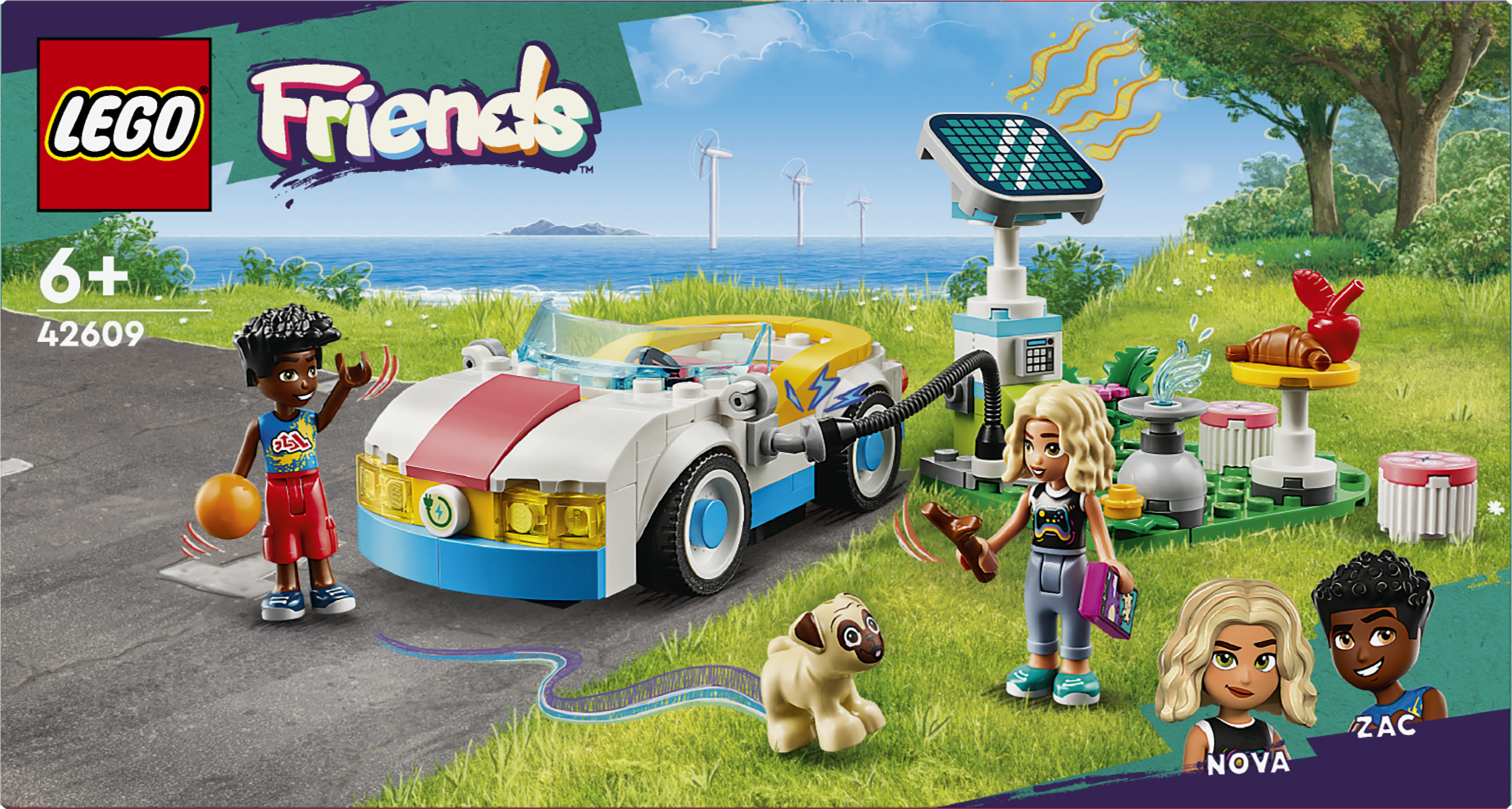 LEGO Friends 42609 Auto Elettrica e Caricabatterie, Giochi per Bambini di 6+ Anni con Macchina Giocattolo e 2 Mini Bamboline