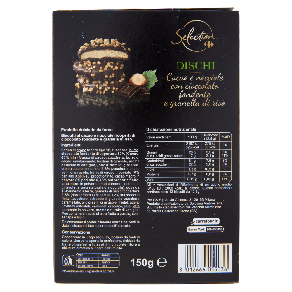 Carrefour Selection Dischi Cacao e nocciole con cioccolato fondente e granella di riso 150 g