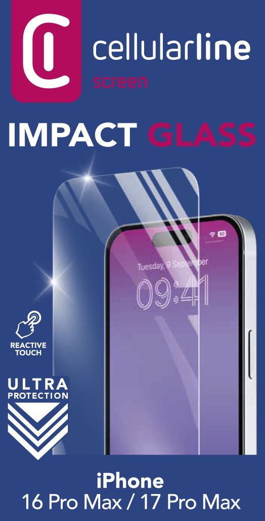 Cellularline Impact Glass - iPhone 16 Pro Max Vetro temperato sottile, resistente e super sensibile