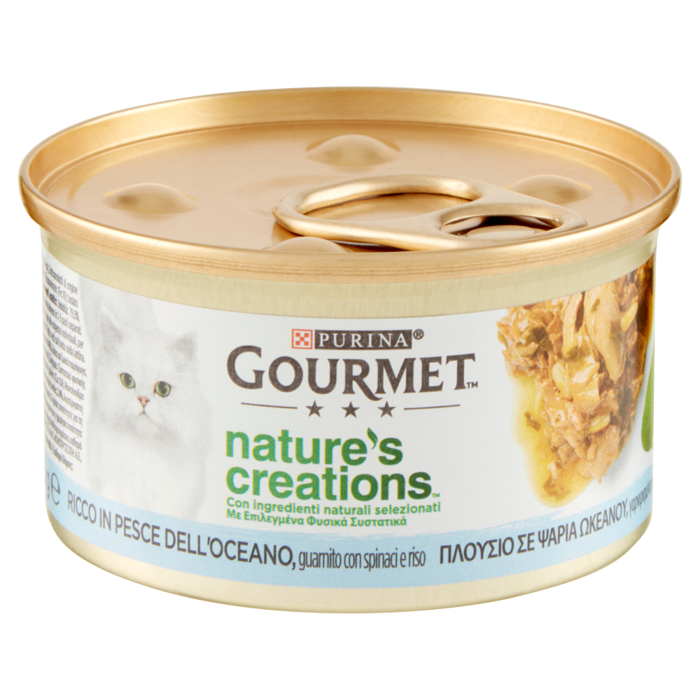 PURINA GOURMET Nature's Creations Ricco in Pesce dell'oceano guarnito con spinaci e riso 85g