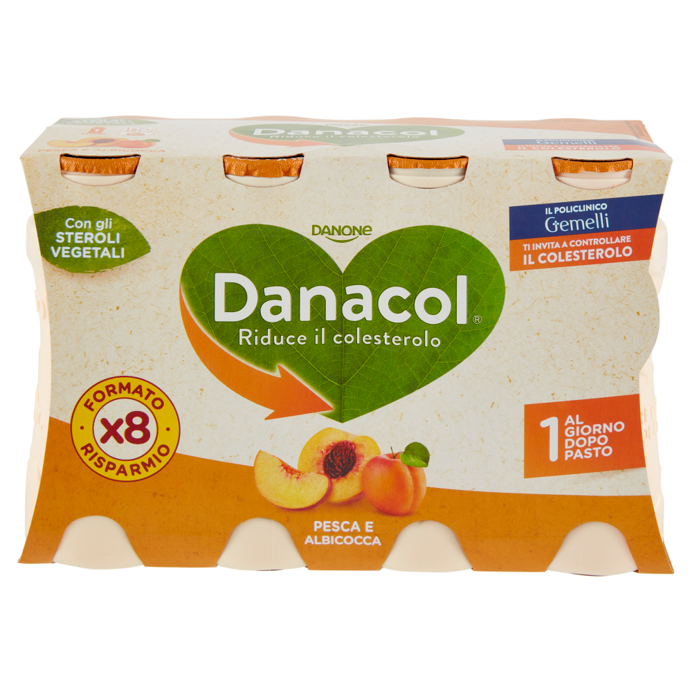 DANACOL Yogurt da bere, Riduce il Colesterolo grazie agli Steroli Vegetali, Pesca Albicocca, 8x100g