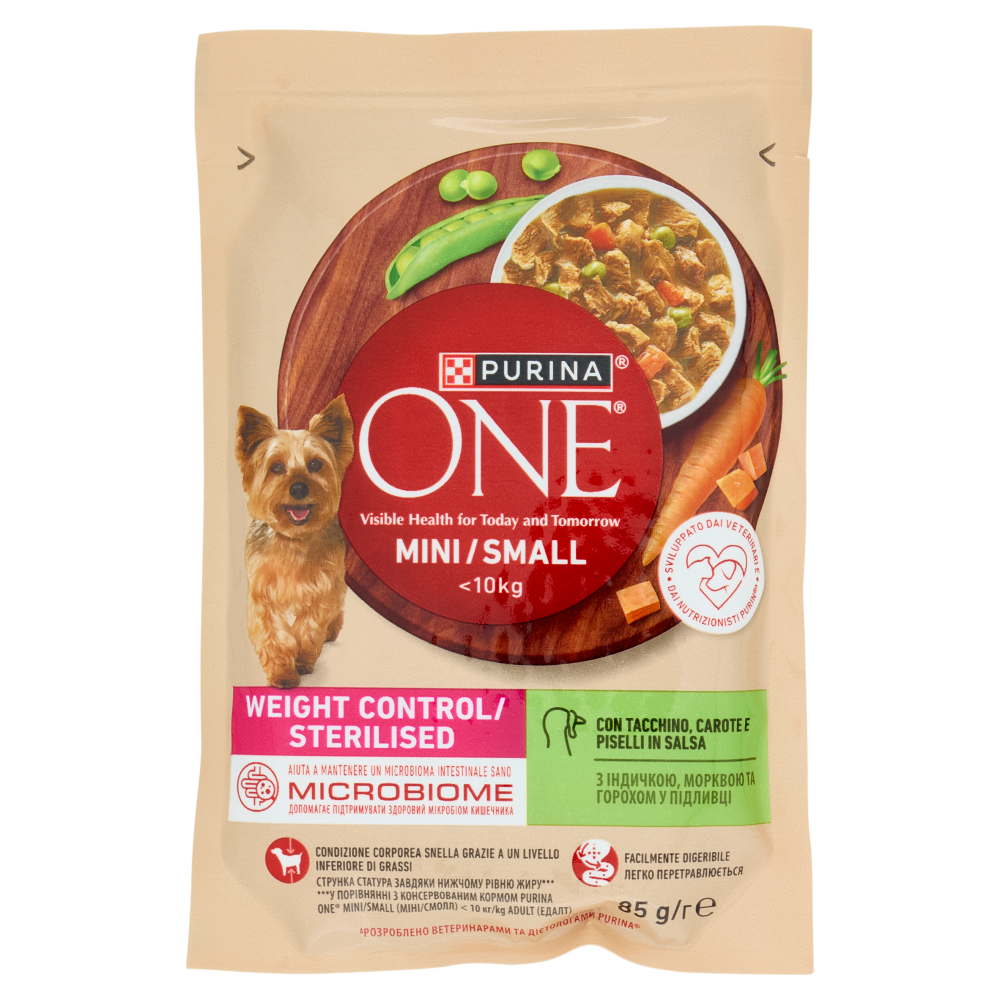 PURINA ONE Mini/Small Weight Control/Sterilised con Tacchino, Carote e Piselli in Salsa 85 g
