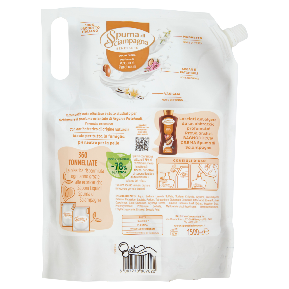 Spuma di Sciampagna Benessere Sapone Crema Argan e Patchouli Ecoricarica 1500 ml