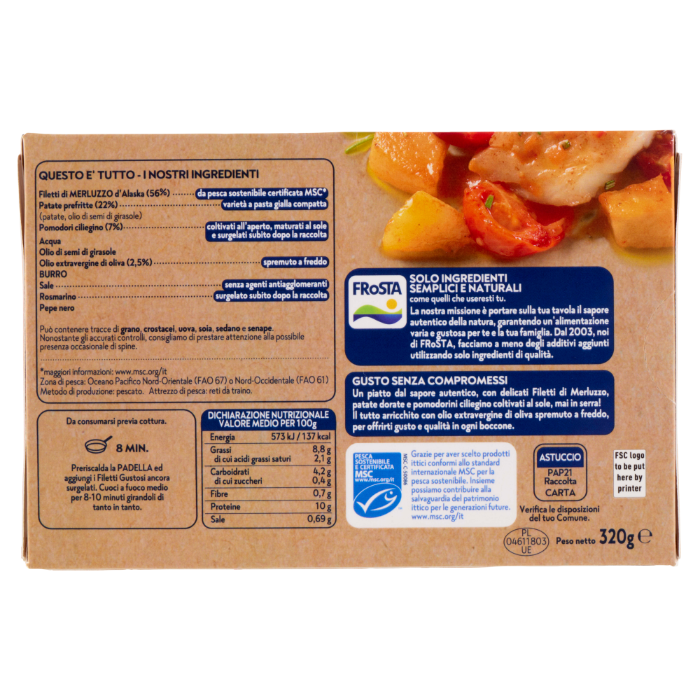 FRoSTA i Gustosi 4 Filetti di Merluzzo d'Alaska con Patate e Pomodori 320 g