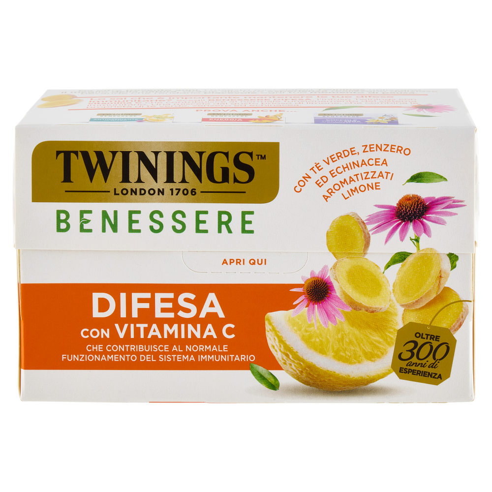 Twinings Benessere Difesa Tisana e Tè Verde, Zenzero aromatizzati Limone Vitamina C 18 filtri 36 g