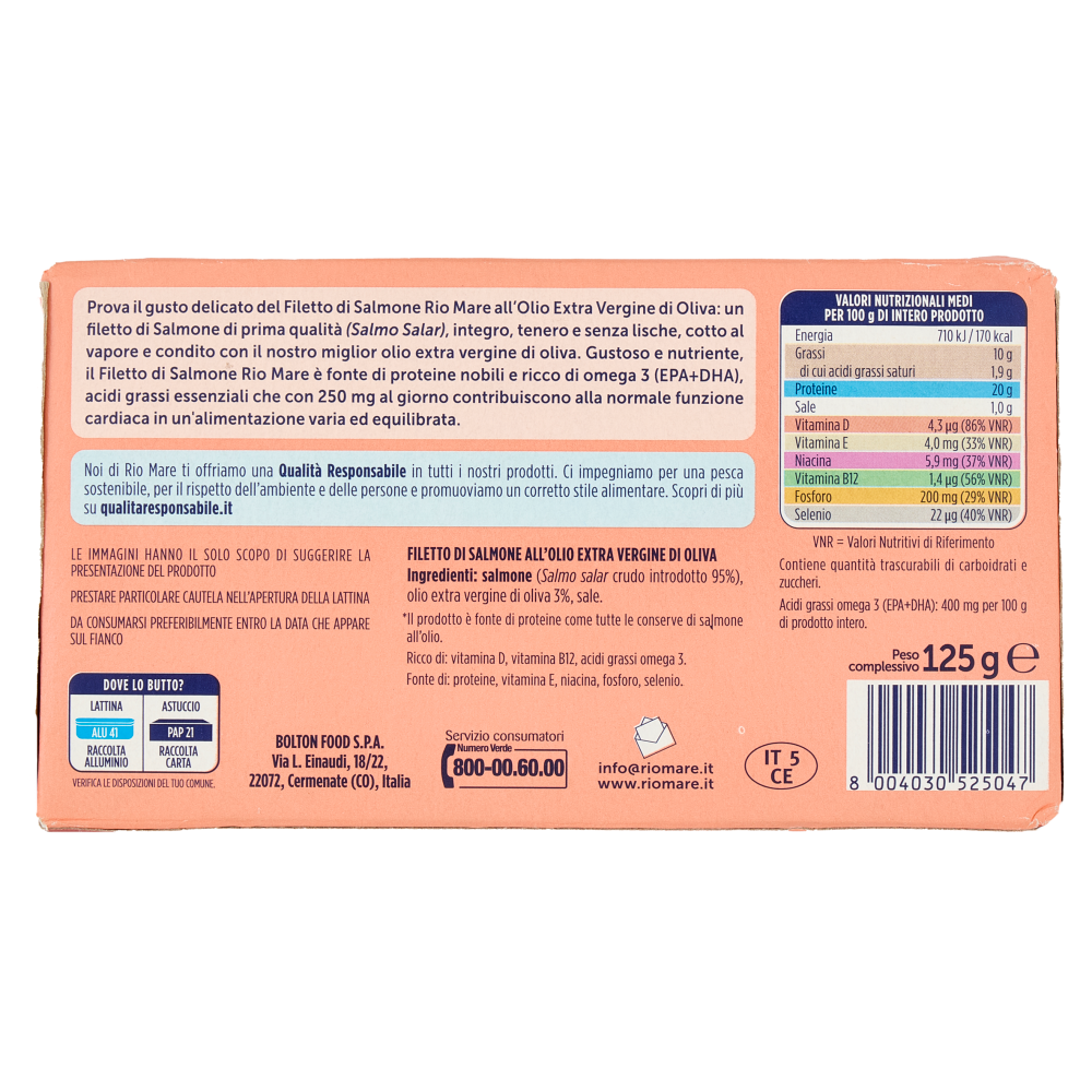 Rio mare Filetto di Salmone all'Olio Extra Vergine di Oliva al Vapore 125 g