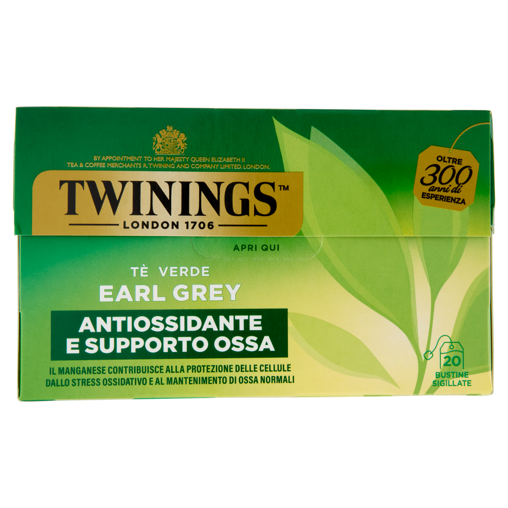 Twinings Earl Grey Tè Verde aromatizzato Bergamotto Antiossidante e Supporto Ossa 20 filtri The 40 g