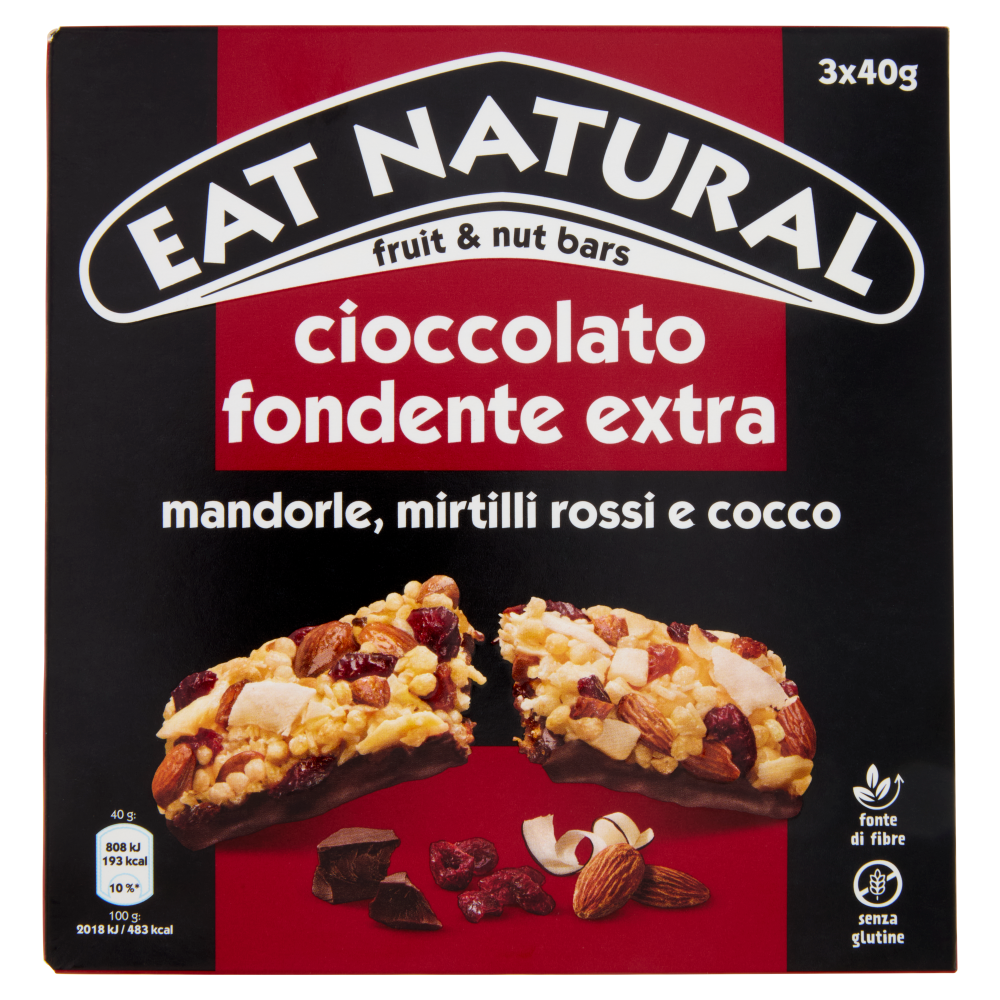 Eat Natural cioccolato fondente extra mandorle, mirtilli rossi e cocco 3 x 40 g