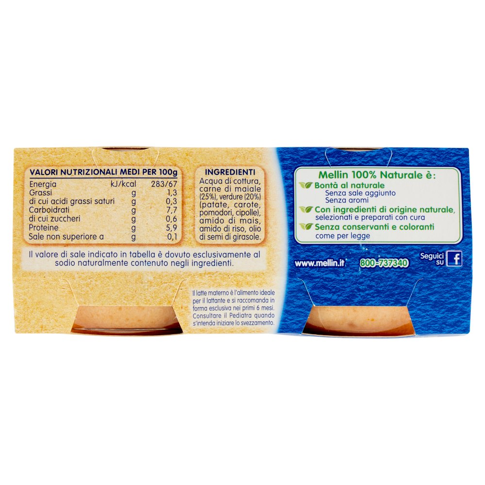 Mellin Maiale e Verdure 100% Naturale Omogeneizzato 2 x 80 g