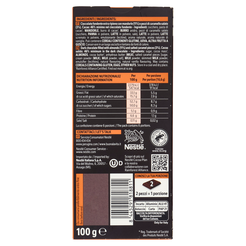 PERUGINA NERO Caramello Tavoletta Cioccolato Fondente Ripiena 100g