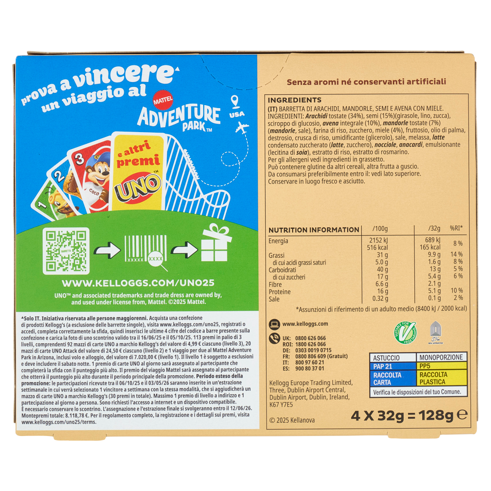 Kellogg's Barretta Mandorle, Miele e Semi 4 x 32 g