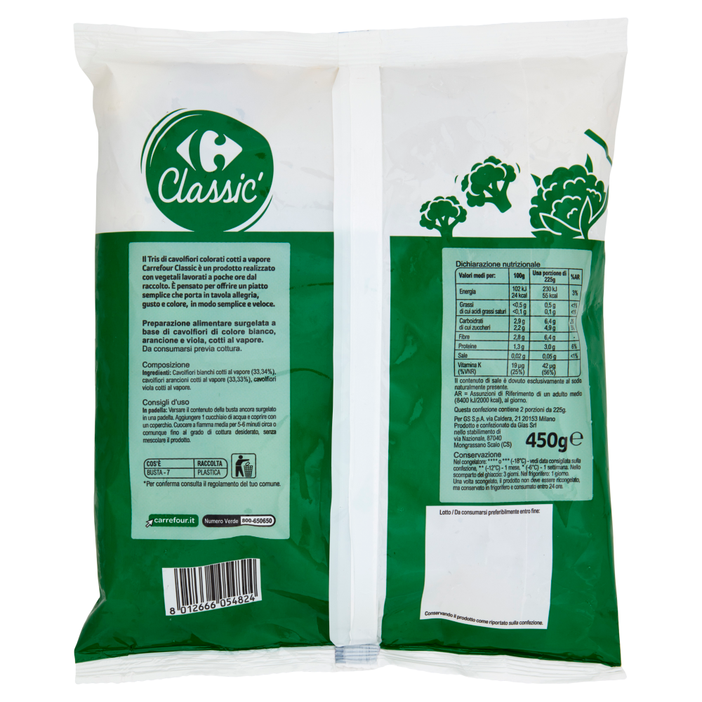 Carrefour Classic Cavolfiori Bianchi, Vila e Arancioni Surgelato 450 g
