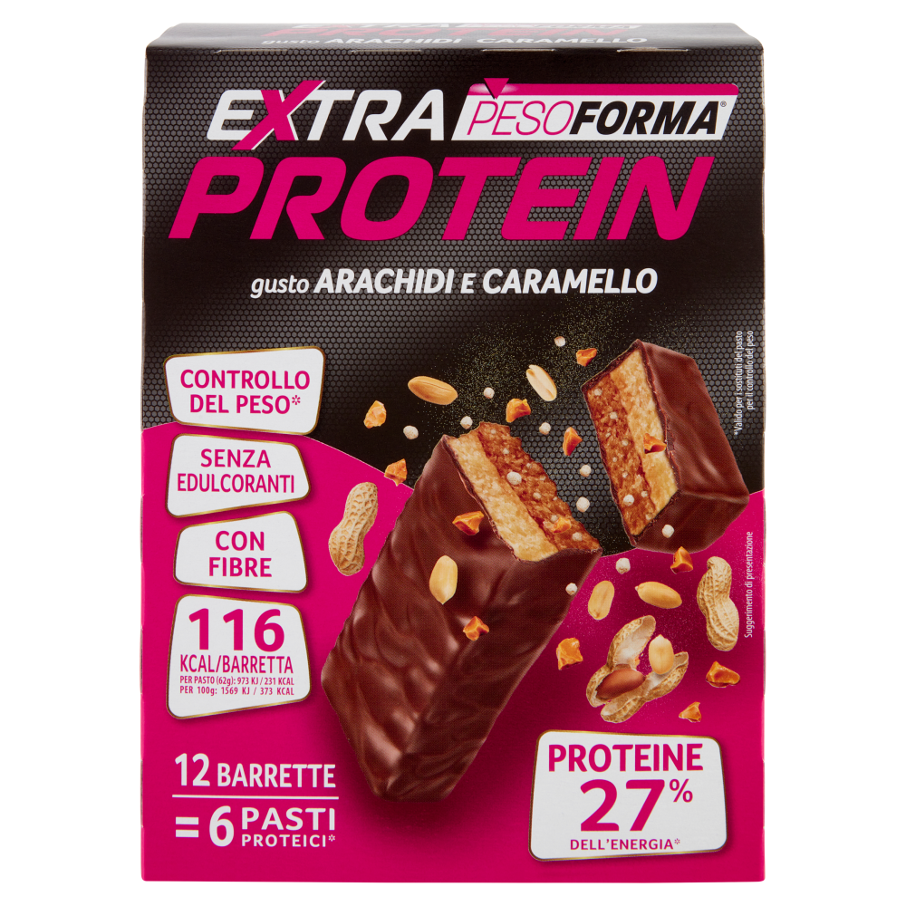 Pesoforma Extra Protein Barrette Gusto Arachidi e Caramello, 6 pasti proteici, 12 barrette x 31g