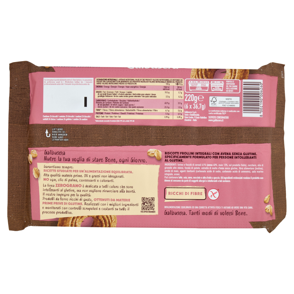 Galbusera ZeroGrano Integrale con Avena Senza Glutine 220 g (6 monoporzioni)