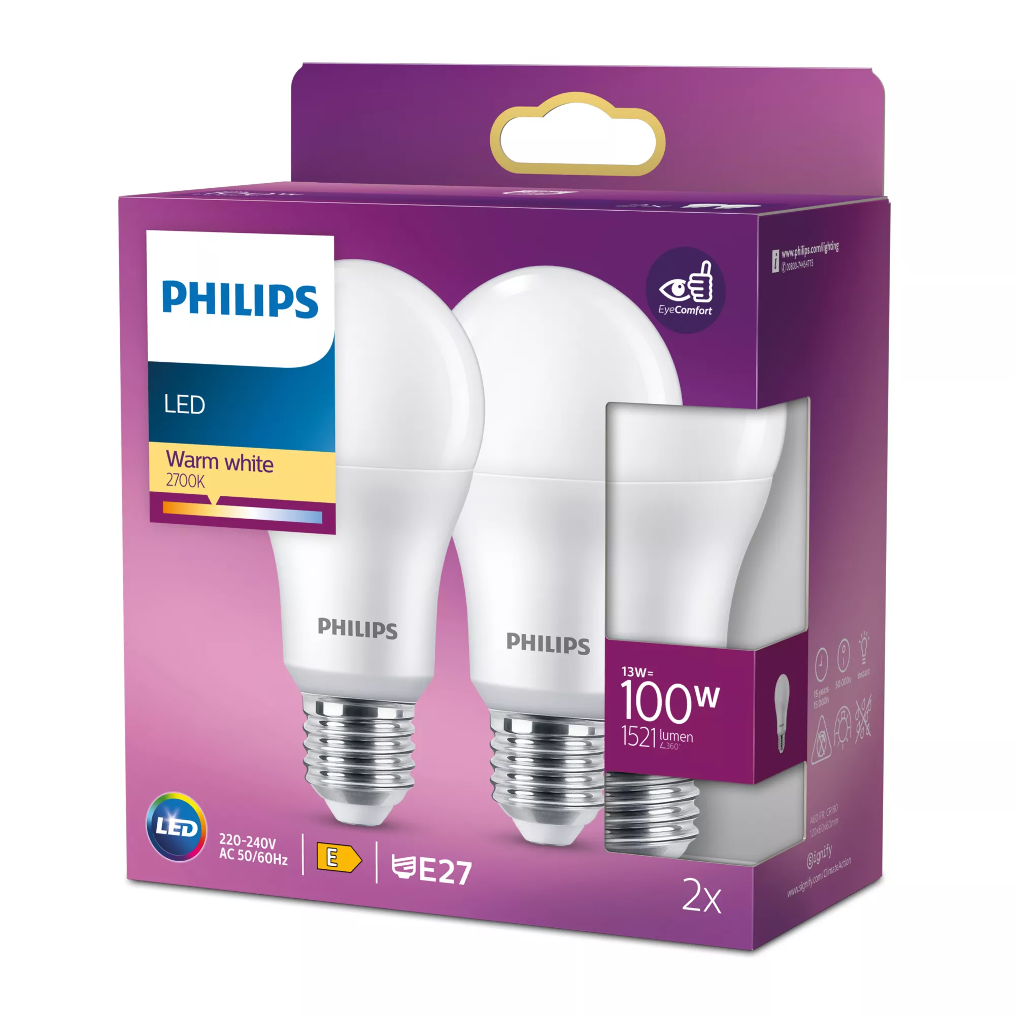 Philips Lampadina 100 W A60 E27 x2
