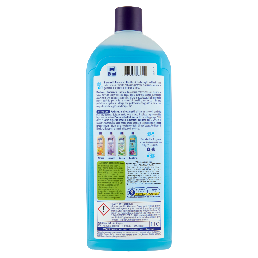 nuncas Pavimenti Profumati Detergente neutro igienizzante per tutte le superfici Fiorito 1 l
