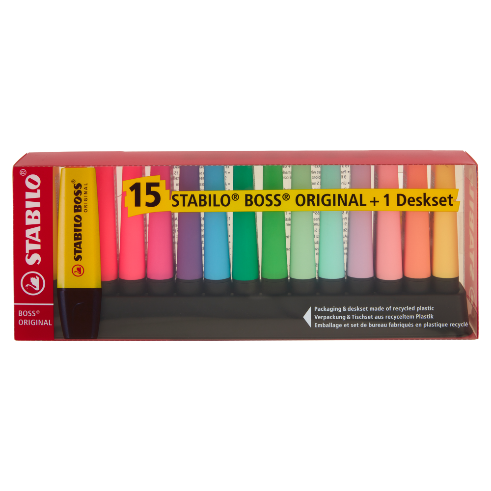 STABILO Boss Original evidenziatore - deskset con 15 pz. fluo + Pastel