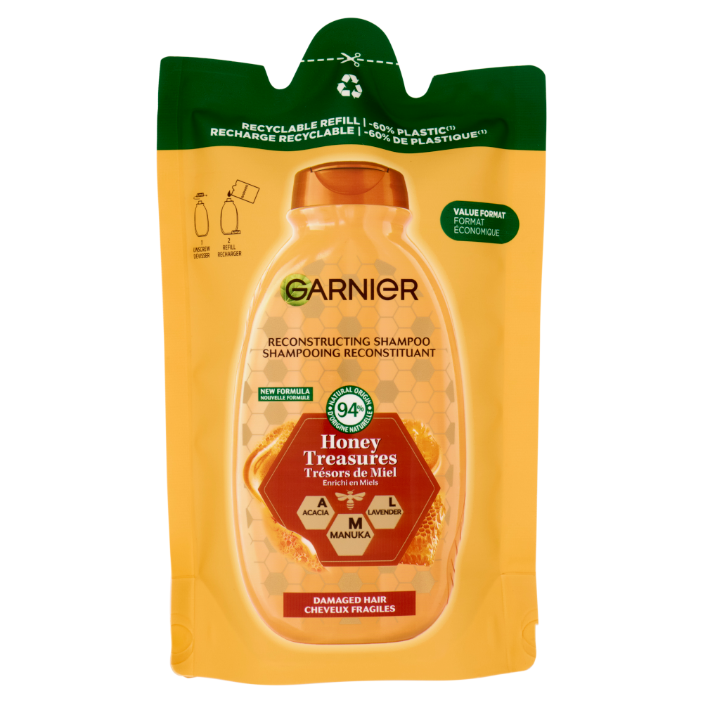 Garnier Ultra Tesori di Miele, Eco-Ricarica Shampoo Riparatore, Secchi Deboli e Danneggiati, 250ml