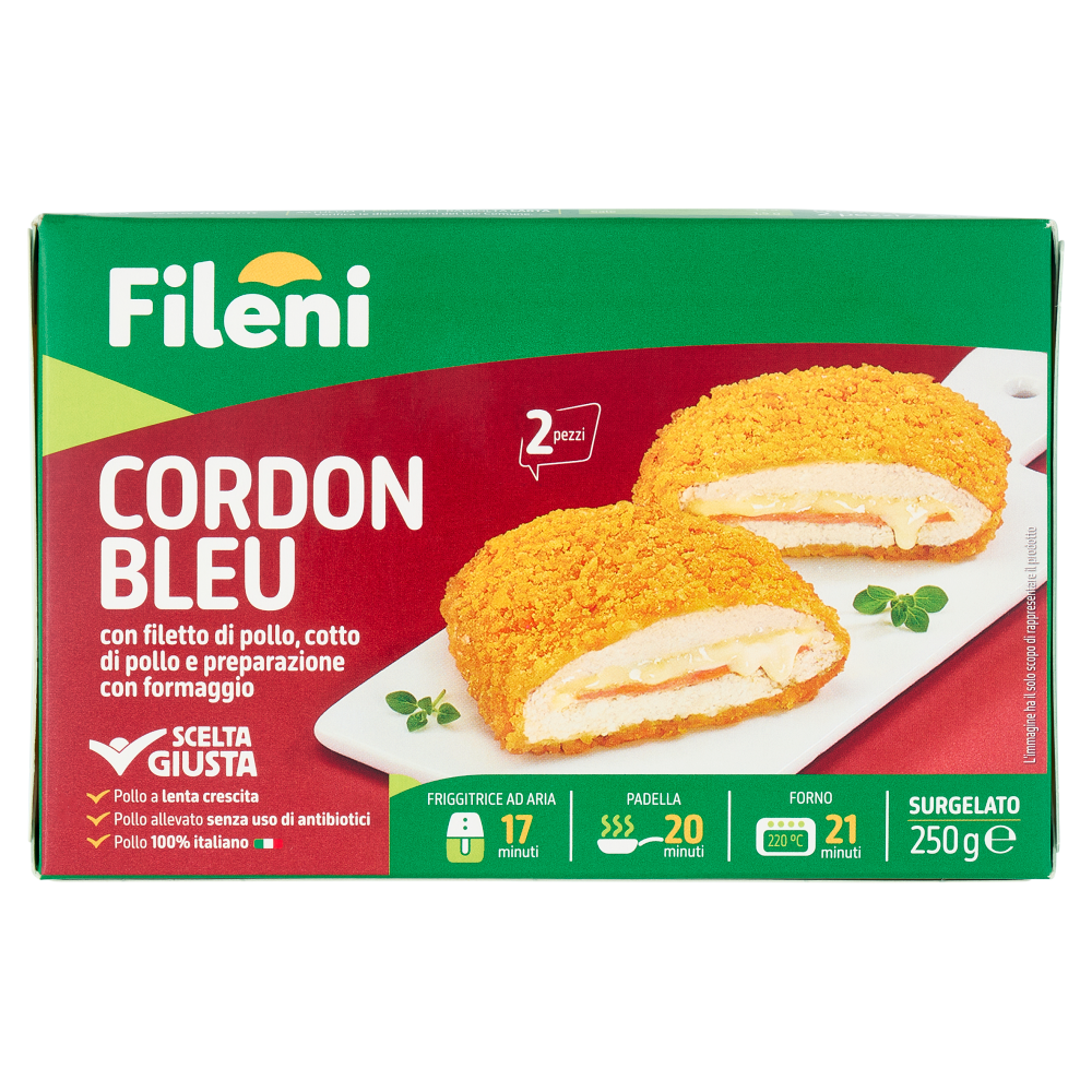 Fileni Cordon Bleu con filetto di pollo, cotto di pollo e preparazione con formaggio Surgelato 250 g