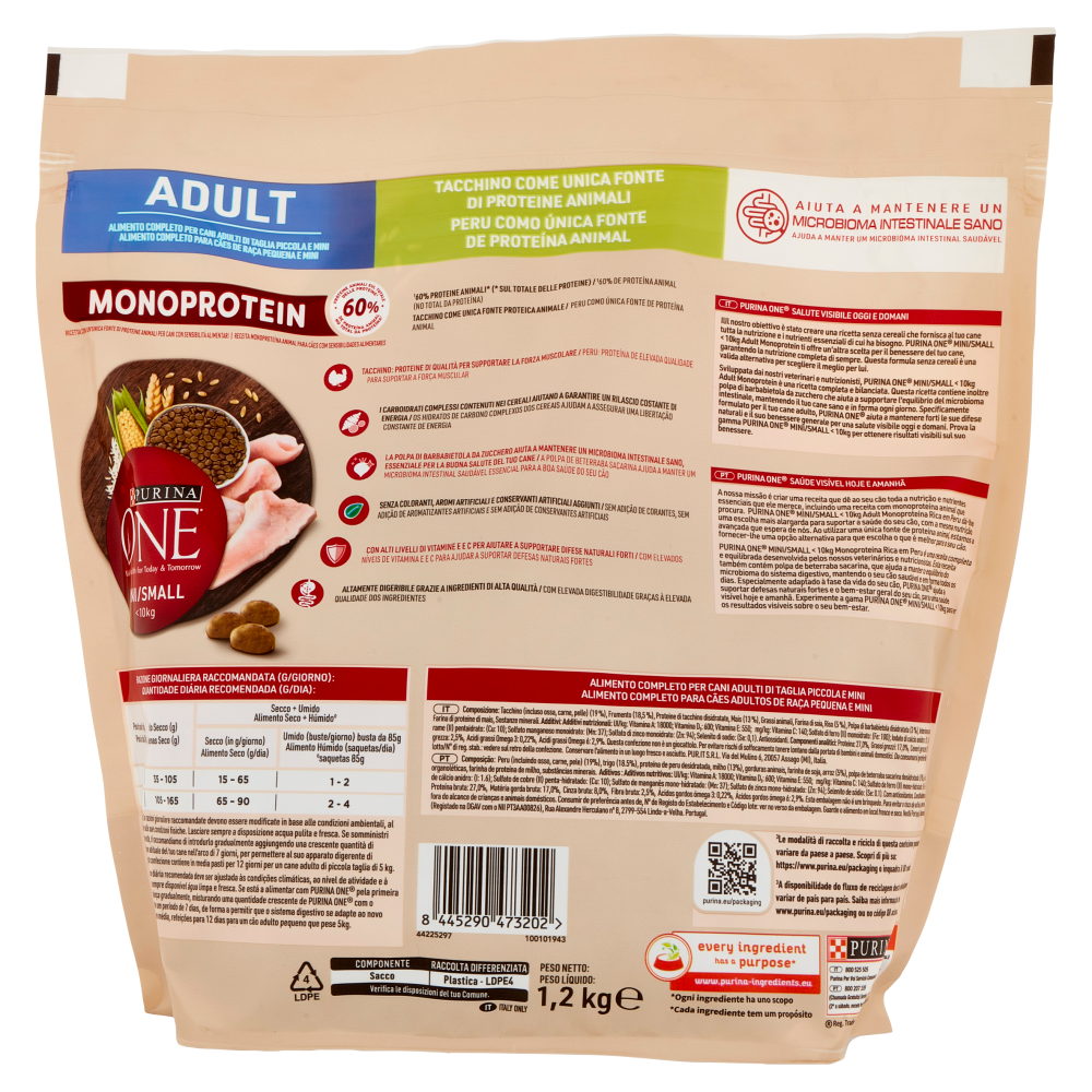 PURINA ONE Mini/Small Monoprotein Adult Tacchino 1,2 kg 