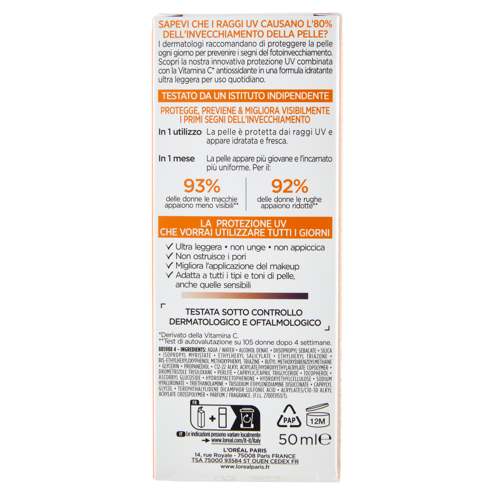 L'Oréal Paris Revitalift Clinical Fluido Anti-UV SPF50+ con Vitamina C Antiossidante 50 ml